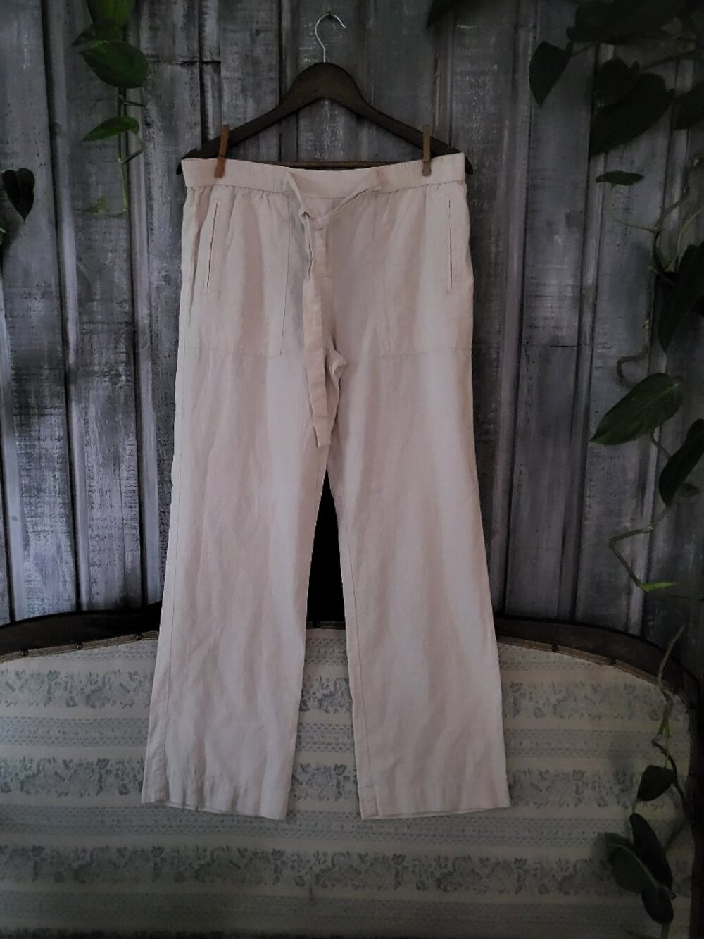 Linen Rayon Wide Leg Drawstring Pants Beige Medium NWOT